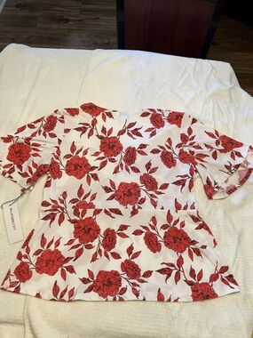 Liz Claiborne White Peplum Blouse with Red Floral Print